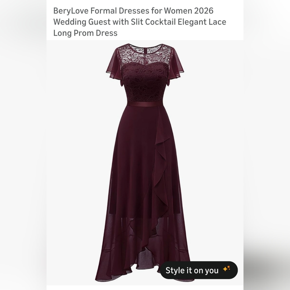 Burgundy Lace-Bodice Flutter Sleeve Maxi Dress.   W-41